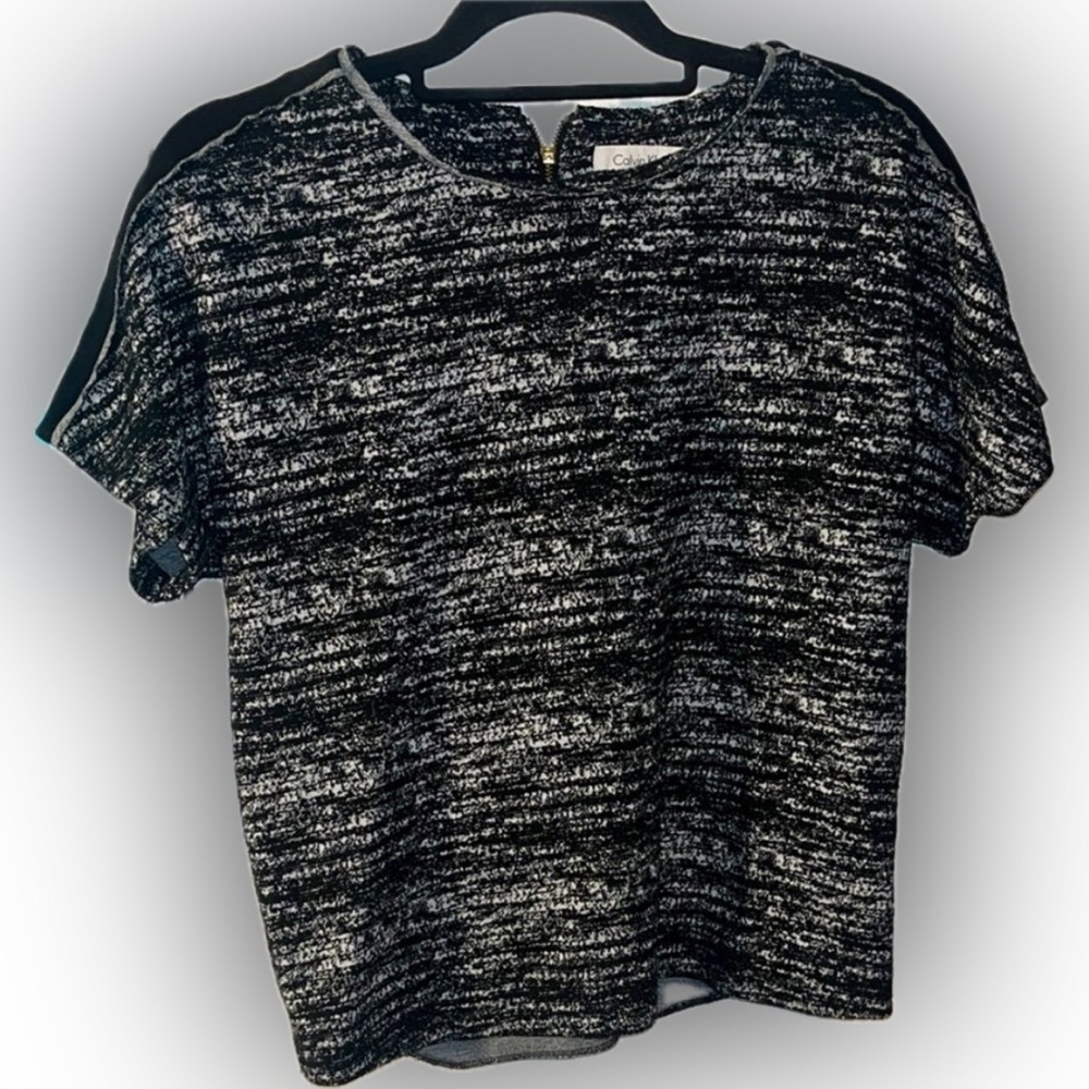 Calvin Klein Black White Marled Knit Sheer Short Sleeve Top